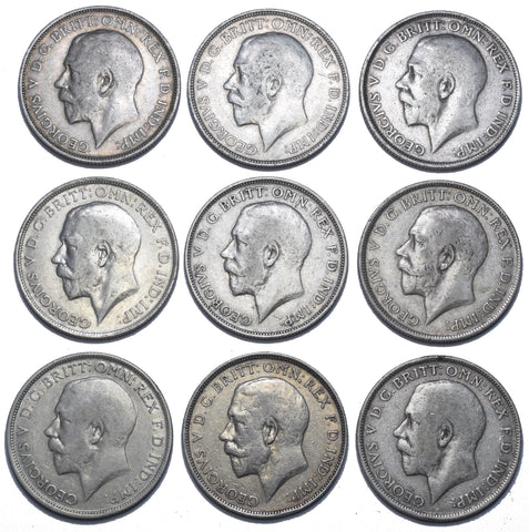 1911 - 1919 Florins Lot (9 Coins) - George V British Silver Coins - Date Run