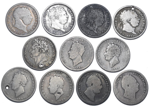1816 - 1836 Shillings Lot (11 Coins) - British Silver Coins - All Different