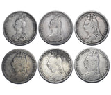 1887 - 1892 Shillings Lot (6 Coins) - Victoria British Silver Coins - Date Run