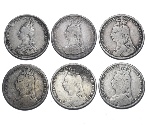 1887 - 1892 Shillings Lot (6 Coins) - Victoria British Silver Coins - Date Run