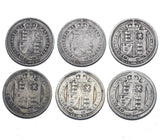 1887 - 1892 Shillings Lot (6 Coins) - Victoria British Silver Coins - Date Run