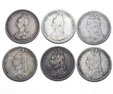 1887 - 1892 Shillings Lot (6 Coins) - Victoria British Silver Coins - Date Run