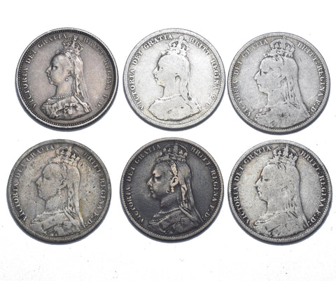 1887 - 1892 Shillings Lot (6 Coins) - Victoria British Silver Coins - Date Run