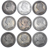1893 - 1901 Shillings Lot (9 Coins) - Victoria British Silver Coins - Date Run