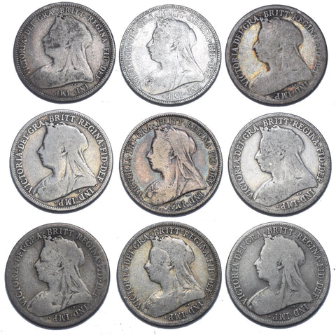 1893 - 1901 Shillings Lot (9 Coins) - Victoria British Silver Coins - Date Run