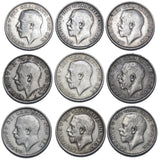 1911 - 1919 Shillings Lot (9 Coins) - George V British Silver Coins - Date Run
