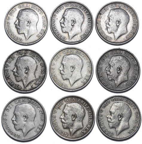 1911 - 1919 Shillings Lot (9 Coins) - George V British Silver Coins - Date Run