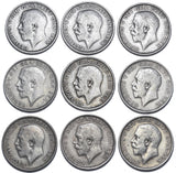 1911 - 1919 Shillings Lot (9 Coins) - George V British Silver Coins - Date Run