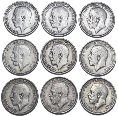 1911 - 1919 Shillings Lot (9 Coins) - George V British Silver Coins - Date Run