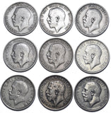 1911 - 1919 Shillings Lot (9 Coins) - George V British Silver Coins - Date Run