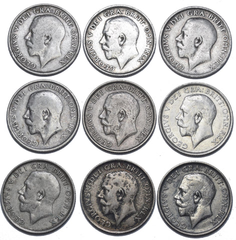 1911 - 1919 Shillings Lot (9 Coins) - George V British Silver Coins - Date Run