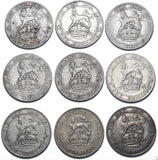 1911 - 1919 Shillings Lot (9 Coins) - George V British Silver Coins - Date Run