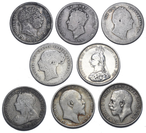 1817 - 1912 Shillings Lot (8 Coins) - British Silver Coins - All Different Types