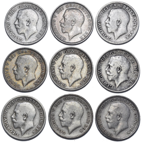 1911 - 1919 Sixpences Lot (9 Coins) - George V British Silver Coins - Date Run