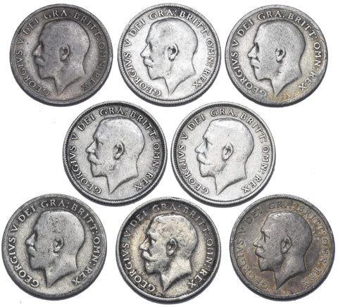 1911 - 1919 Sixpences Lot (8 Coins) - George V British Silver Coins