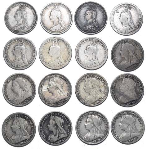 1887 - 1901 Threepences Lot (16 Coins) - Victoria British Silver Coins -Date Run
