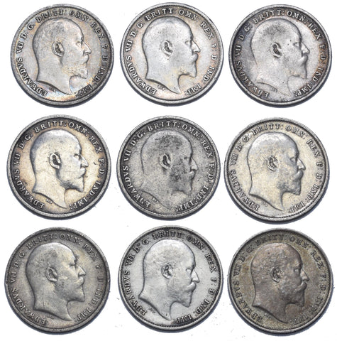 1902 - 1910 Threepences Lot (9 Coins) - Edward VII British Silver Coins Date Run