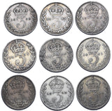 1902 - 1910 Threepences Lot (9 Coins) - Edward VII British Silver Coins Date Run