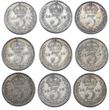 1911 - 1919 Threepences Lot (9 Coins) - George V British Silver Coins - Date Run