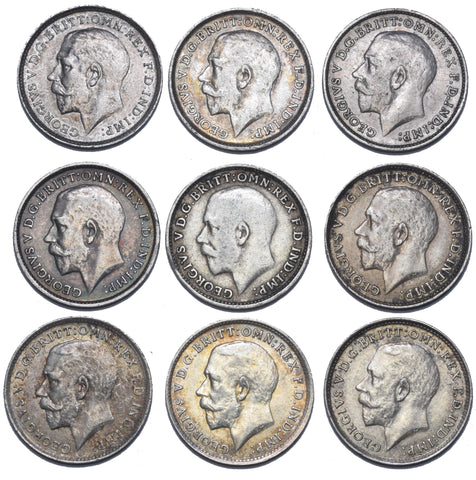 1911 - 1919 Threepences Lot (9 Coins) - George V British Silver Coins - Date Run