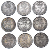 1911 - 1919 Threepences Lot (9 Coins) - George V British Silver Coins - Date Run