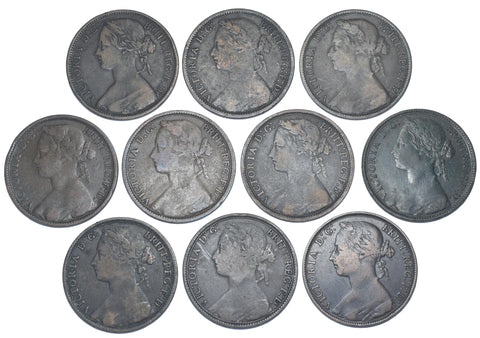 1873 - 1882 Pennies Lot (10 Coins) - Victoria British Bronze Coins - Date Run