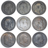 1902 - 1910 Pennies Lot (9 Coins) - Edward VII British Bronze Coins - Date Run