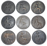 1902 - 1910 Pennies Lot (9 Coins) - Edward VII British Bronze Coins - Date Run