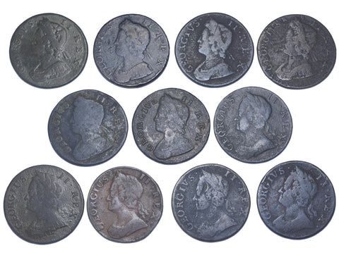 1730 - 1750 Halfpennies Lot (11 Coins) - British Copper Coins - All Different
