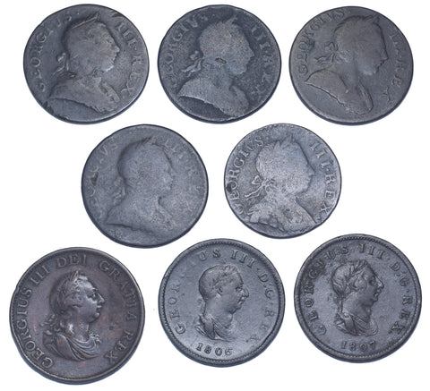 1770 - 1807 Halfpennies Lot (8 Coins) - British Copper Coins - All Different