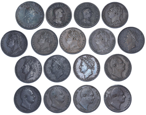 1799 - 1837 Farthings Lot (17 Coins) - British Copper Coins - All Different