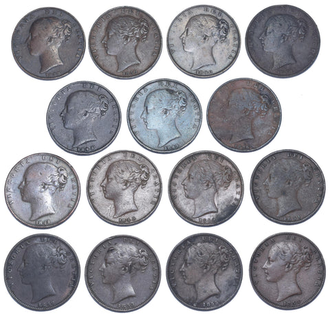 1838 - 1858 Farthings Lot (15 Coins) - British Copper Coins - All Different