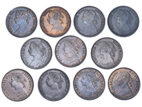 1880 - 1894 Better Grade Farthings Lot (11 Coins) - Victoria British Bronze