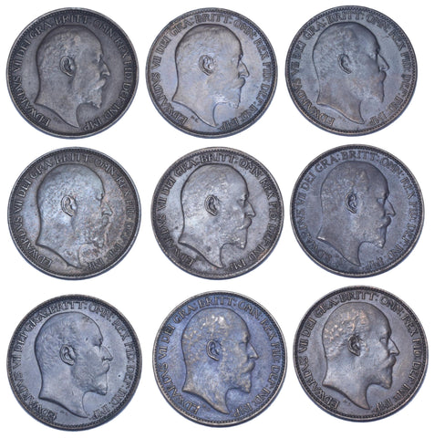 1902 - 1910 Better Grade Farthings Lot (9 Coins) - Edward VII British Bronze