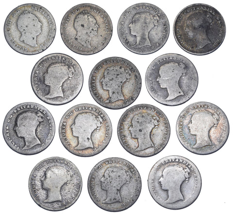 1836 - 1855 Groats Lot (14 Coins) - Victoria British Silver Coins -All Different