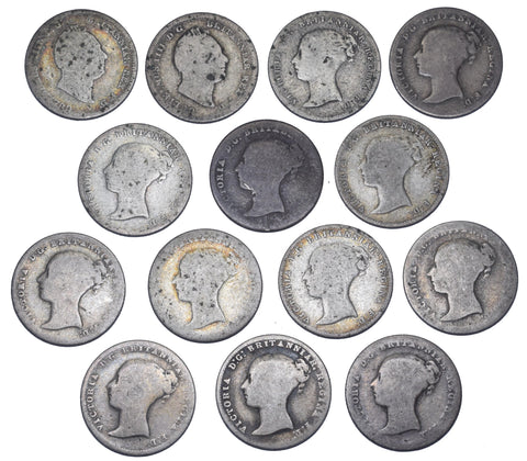 1836 - 1855 Groats Lot (14 Coins) - Victoria British Silver Coins -All Different