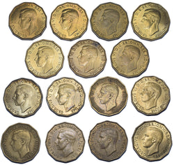 1937 - 1952 Brass Threepences Lot (15 Coins) - George VI British Coins