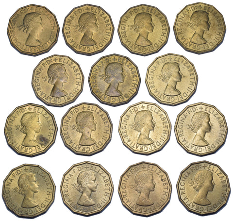 1953 - 1967 Brass Threepences Lot (15 Coins) - Elizabeth II British Coins