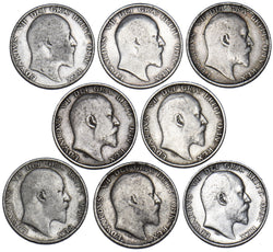 1902 - 1910 Edward VII Shillings Lot (8 Coins) - All Different - British Silver