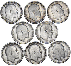 1902 - 1910 Edward VII Shillings Lot (8 Coins) - All Different - British Silver
