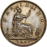 1891 Farthing - Victoria British Bronze Coin - Very Nice