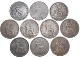 1870 - 1879 Pennies Lot (10 Coins) - Victoria British Bronze Coins (Date Run)