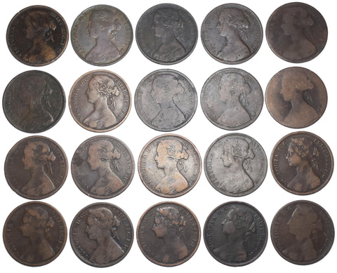 1860 - 1879 Pennies Lot (20 Coins) - Victoria British Bronze Coins (Date Run)