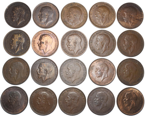 1911 - 1936 Pennies Lot (20 Coins) - George V British Bronze (Better grades)