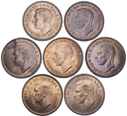 1937 - 1949 Pennies Lot (7 Coins) - George VI British Bronze Coins (High grades)