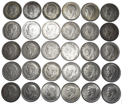 Lot of 30 Better Grade or Rare British Silver Halfcrown Coins - 1920 to 1944