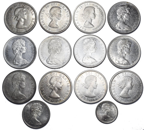 1958 - 1967 Silver Canada Coins Lot (14 Coins) - Includes 12 One Dollar Coins