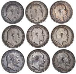 1902 - 1910 Farthings Lot (9 Coins) - Edward VII British Bronze Coins - Date Run
