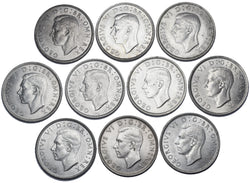 1937 - 1946 High Grade British Silver Florins Lot (10 Coins) - Date Run