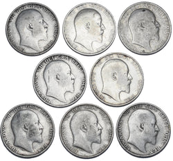 1902 - 1910 Shillings Lot (8 Coins) - Edward VII British Silver - All Different